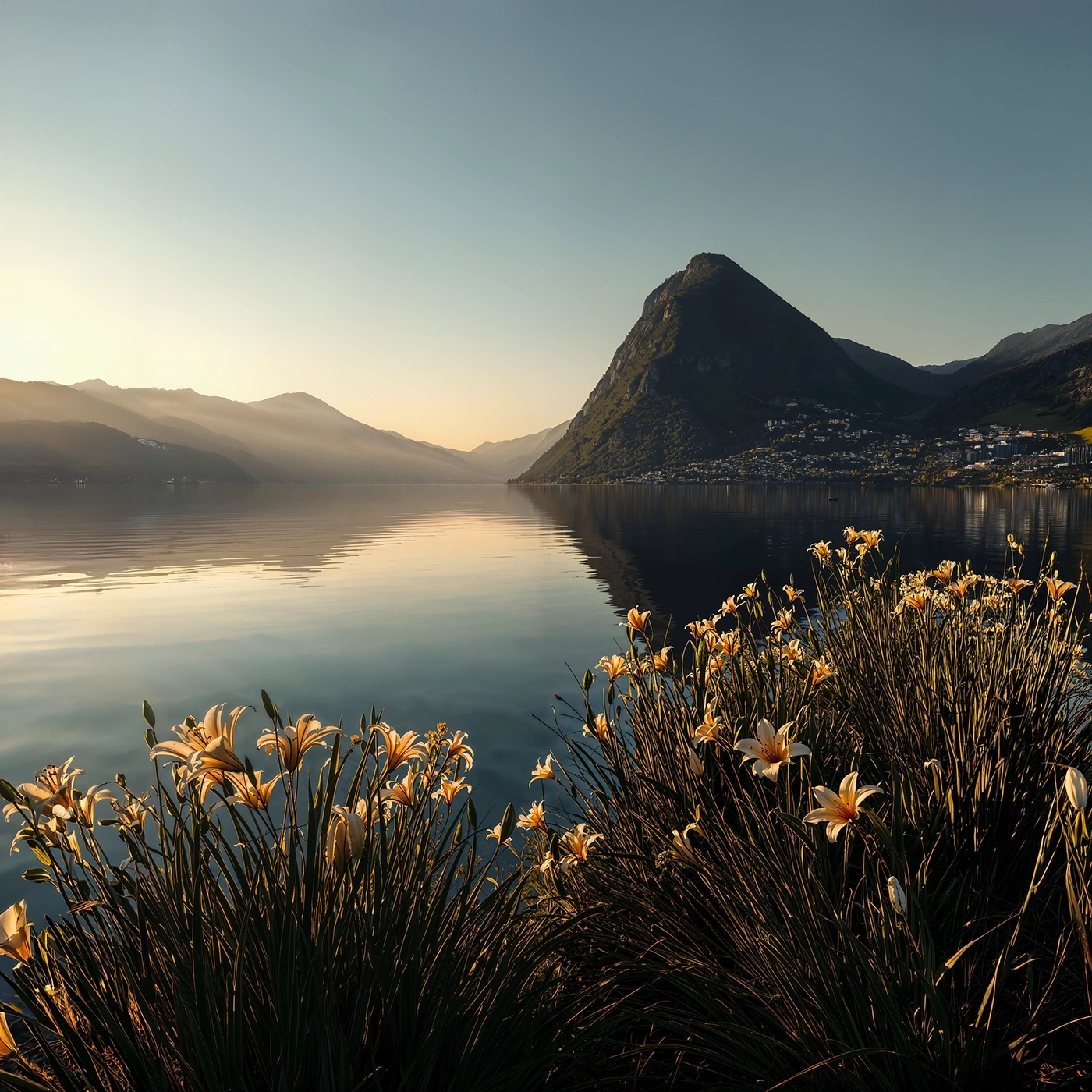 Sunset over a lake with flowers in the foreground and mountains in the background.