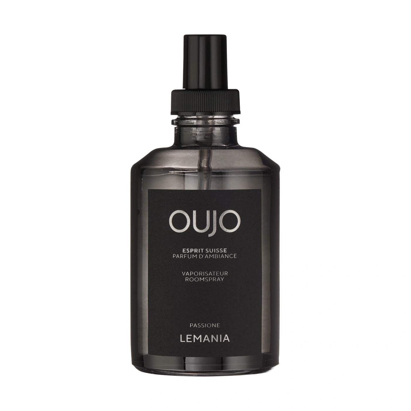 A dark spray bottle with a black label and silver text, named OUJO.
