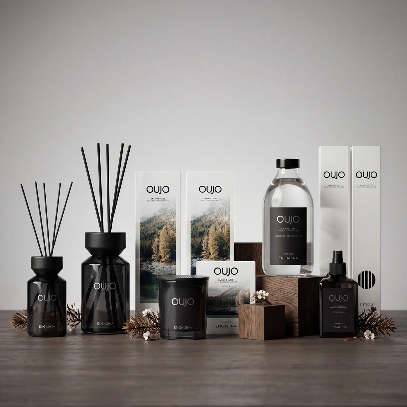 Ensembles de bougies parfumées et diffuseurs de luxe OUJO sur le thème de l'Engadine.