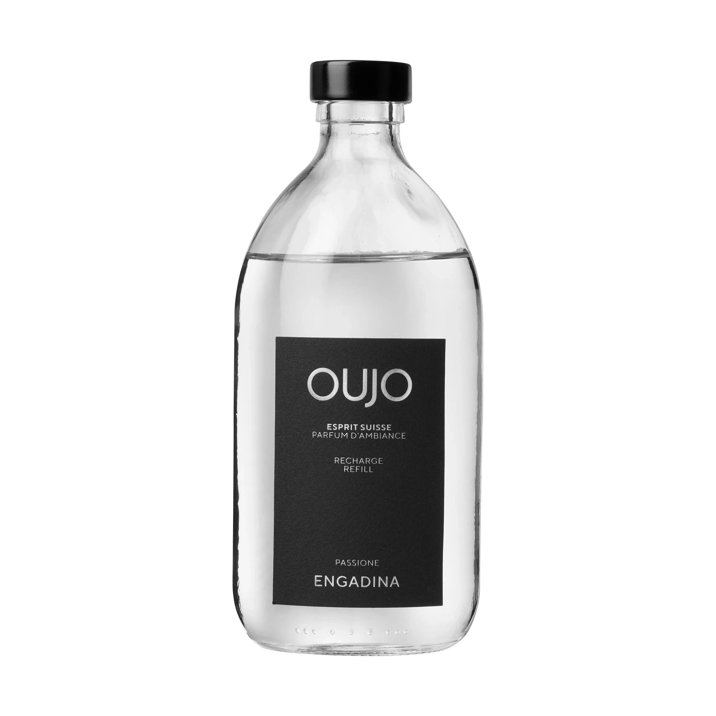 A clear scented oil in a glass bottle with a black label.