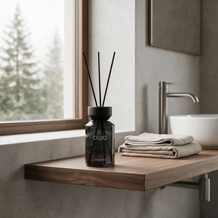 A diffuser named Oujo sits on a wooden shelf next to towels.
