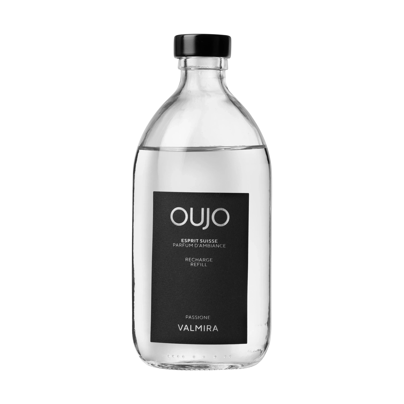 A glass bottle with a black label and a black cap.