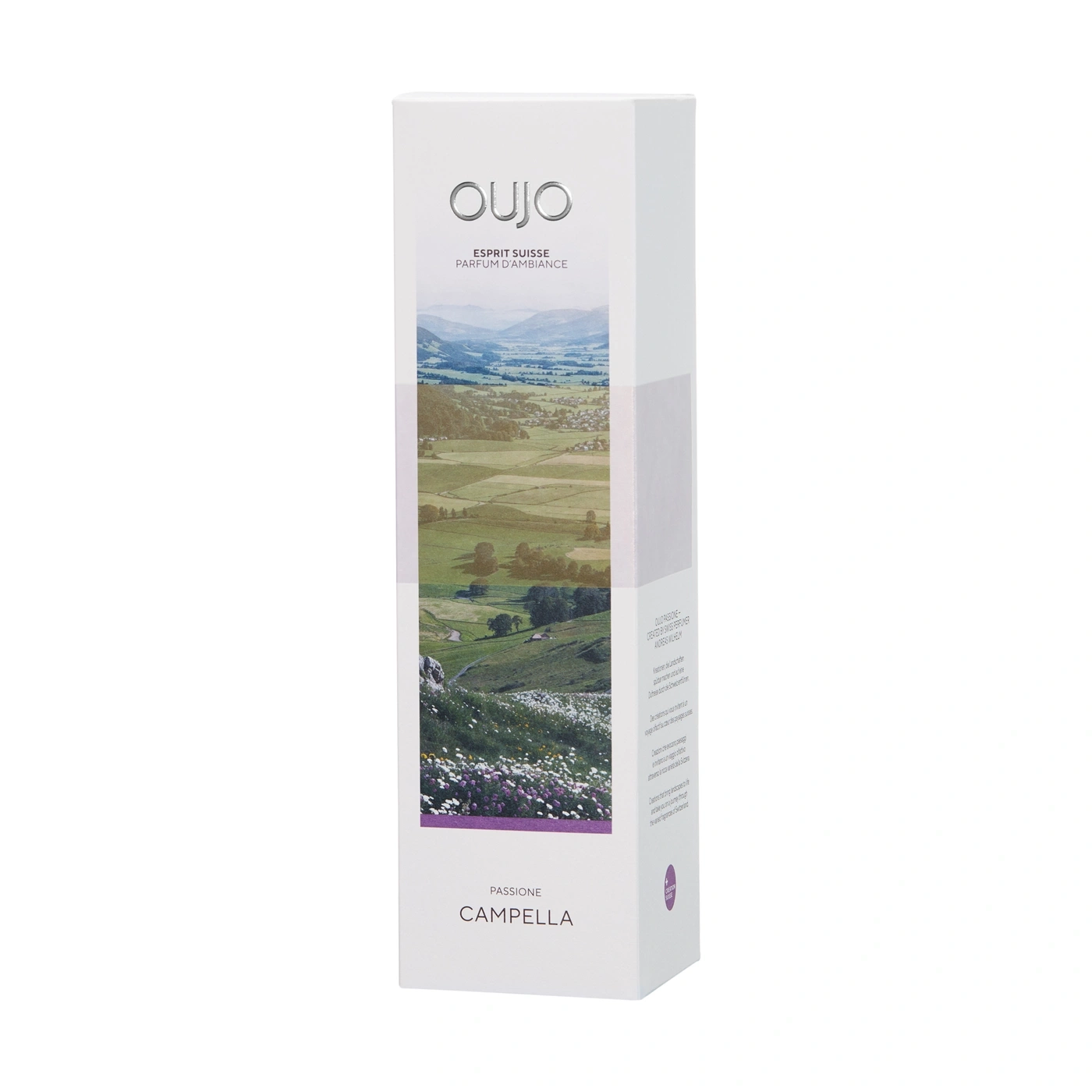 Perfume bottle with Swiss mountain landscape and "Campella" text.