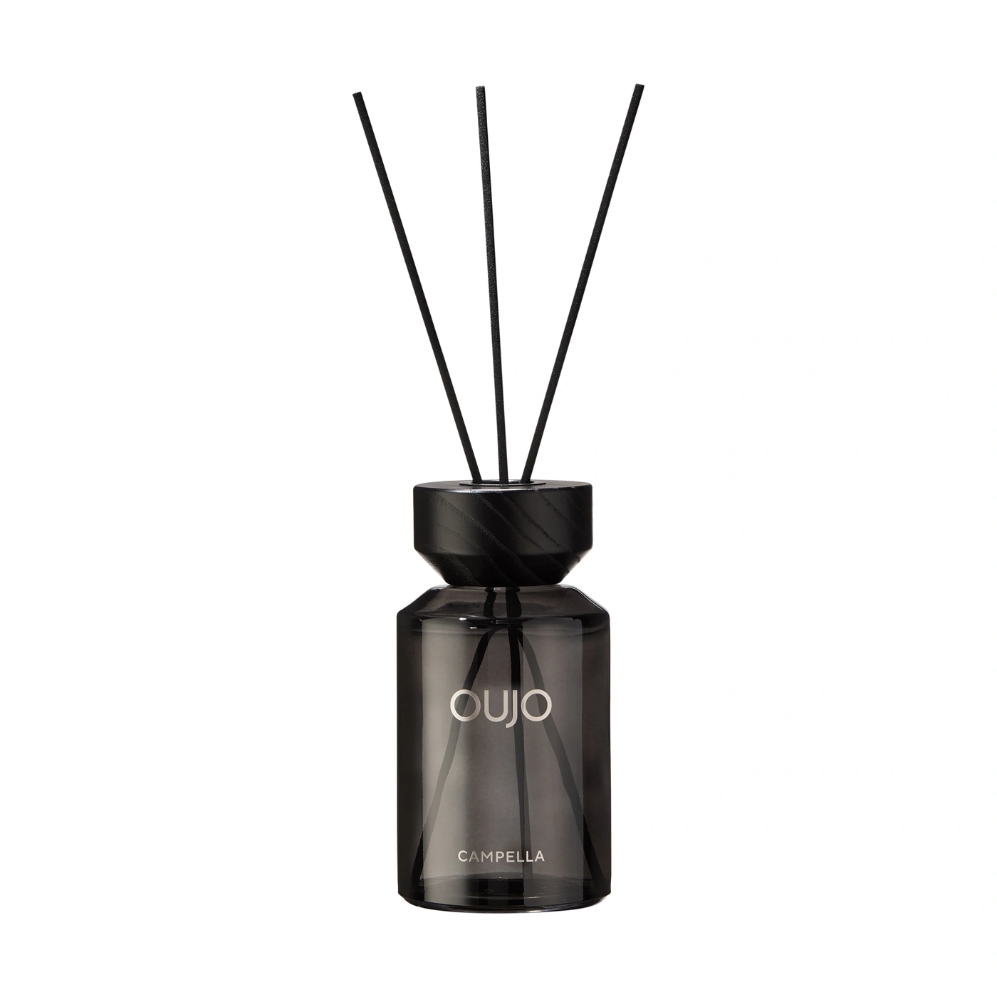 A black reed diffuser with three sticks and 'OUJO' and 'CAMPELLA' printed on it.