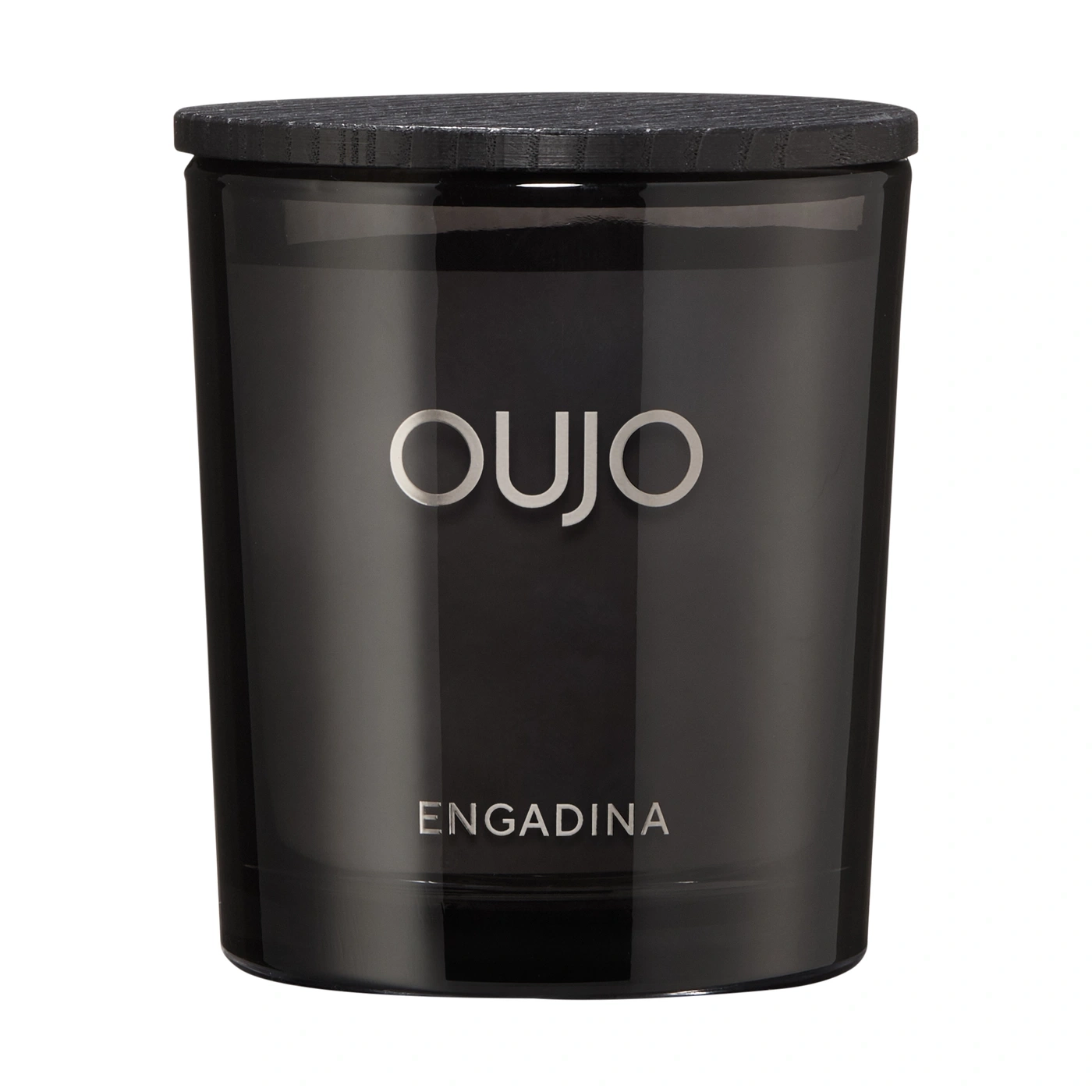 Schwarze Ouja Kerze im Glas mit Holzdeckel mit Aufschrift ENGADINA