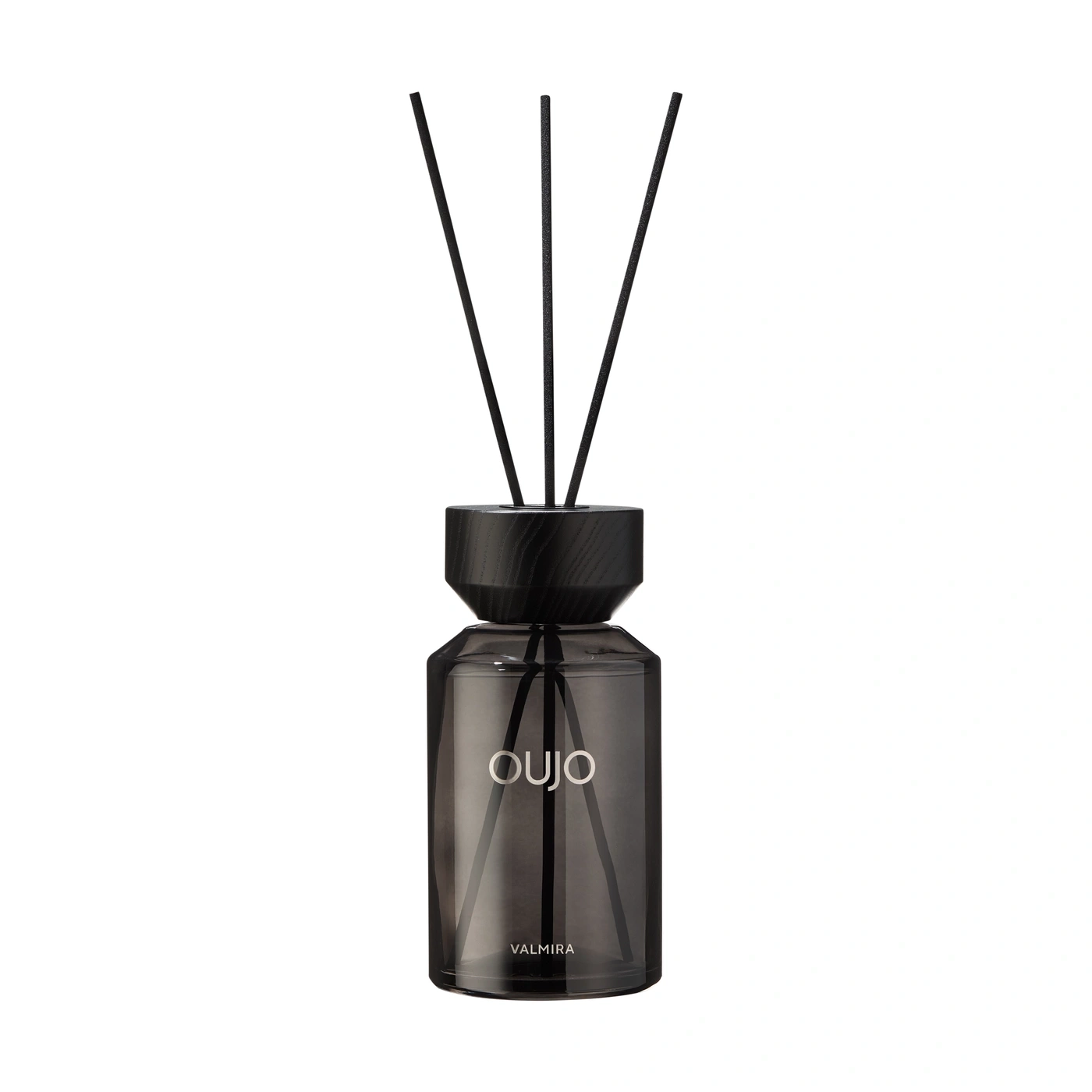 A black diffuser with three reeds and the imprint OUJO VALMIRA.