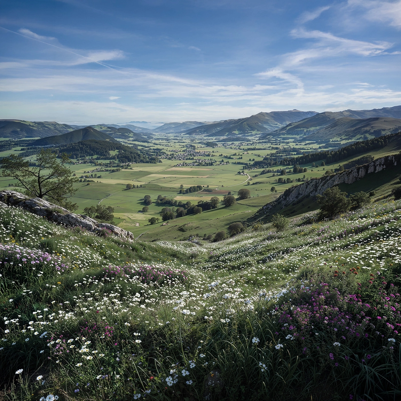 Flowering alpine meadows with a valley and mountains in the background