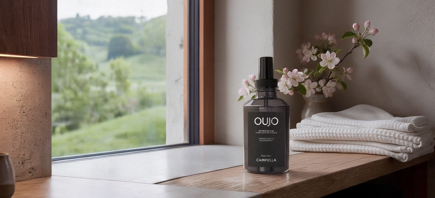 A spray bottle by a window with flowers and towels.