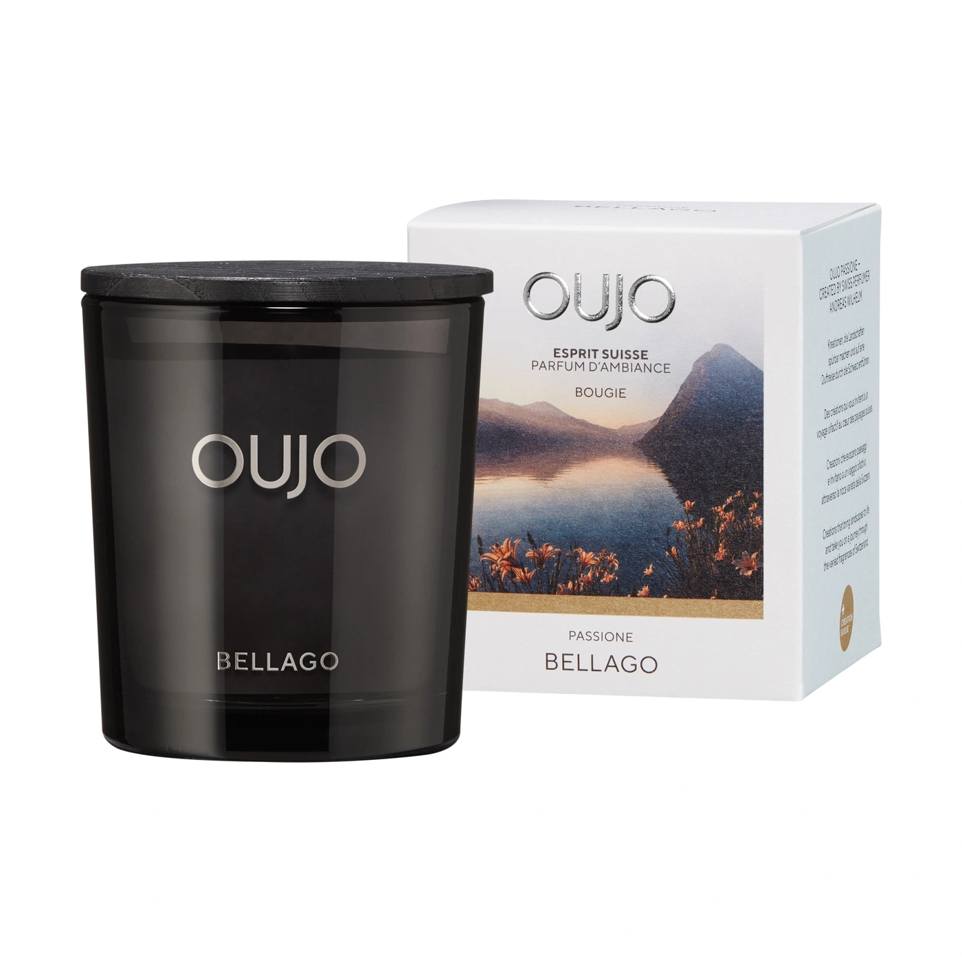 Schwarze Ouja Duftkerze mit Berglandschaft auf weißer Verpackung.