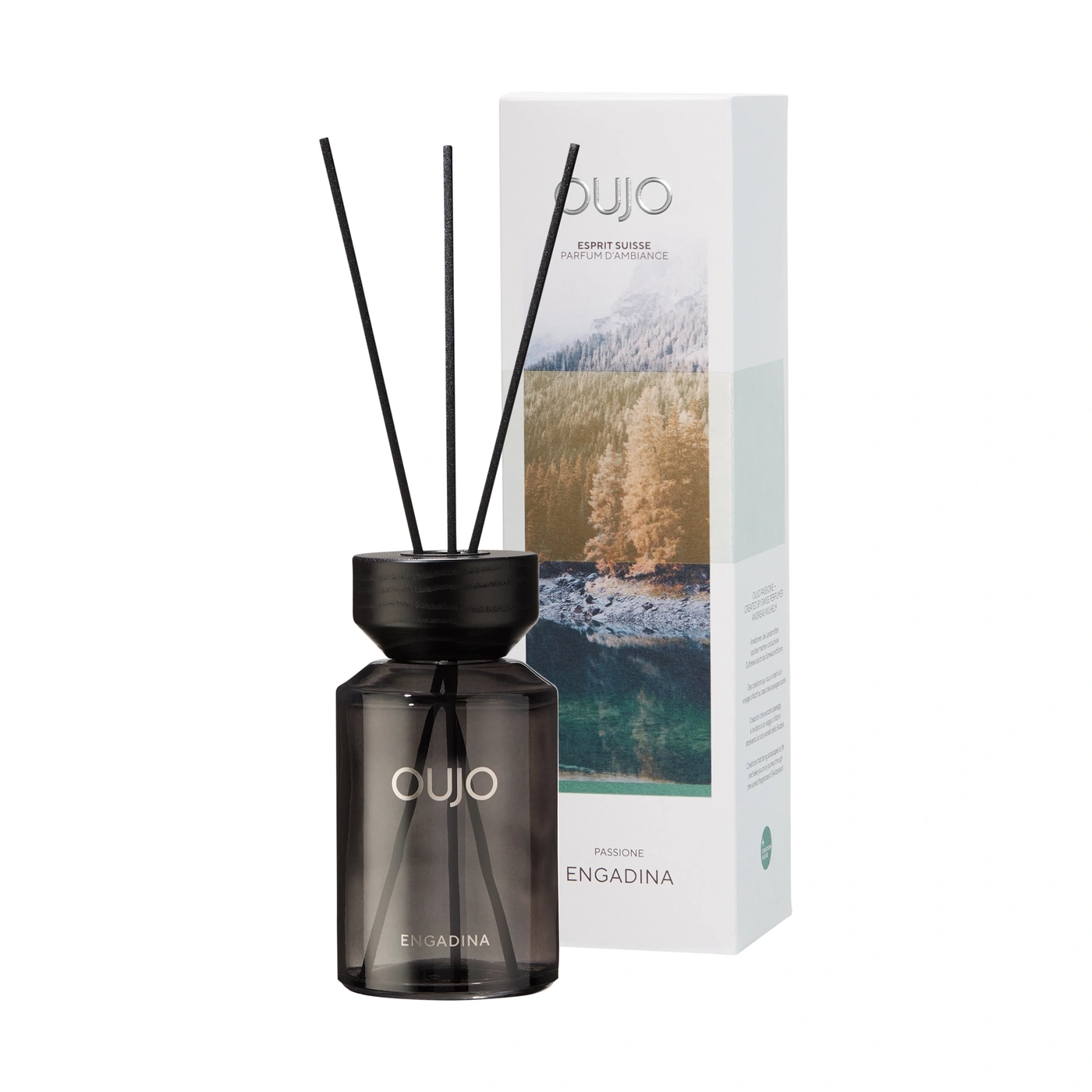 A Oujo reed diffuser with Engadina scent, isolated on a white background.