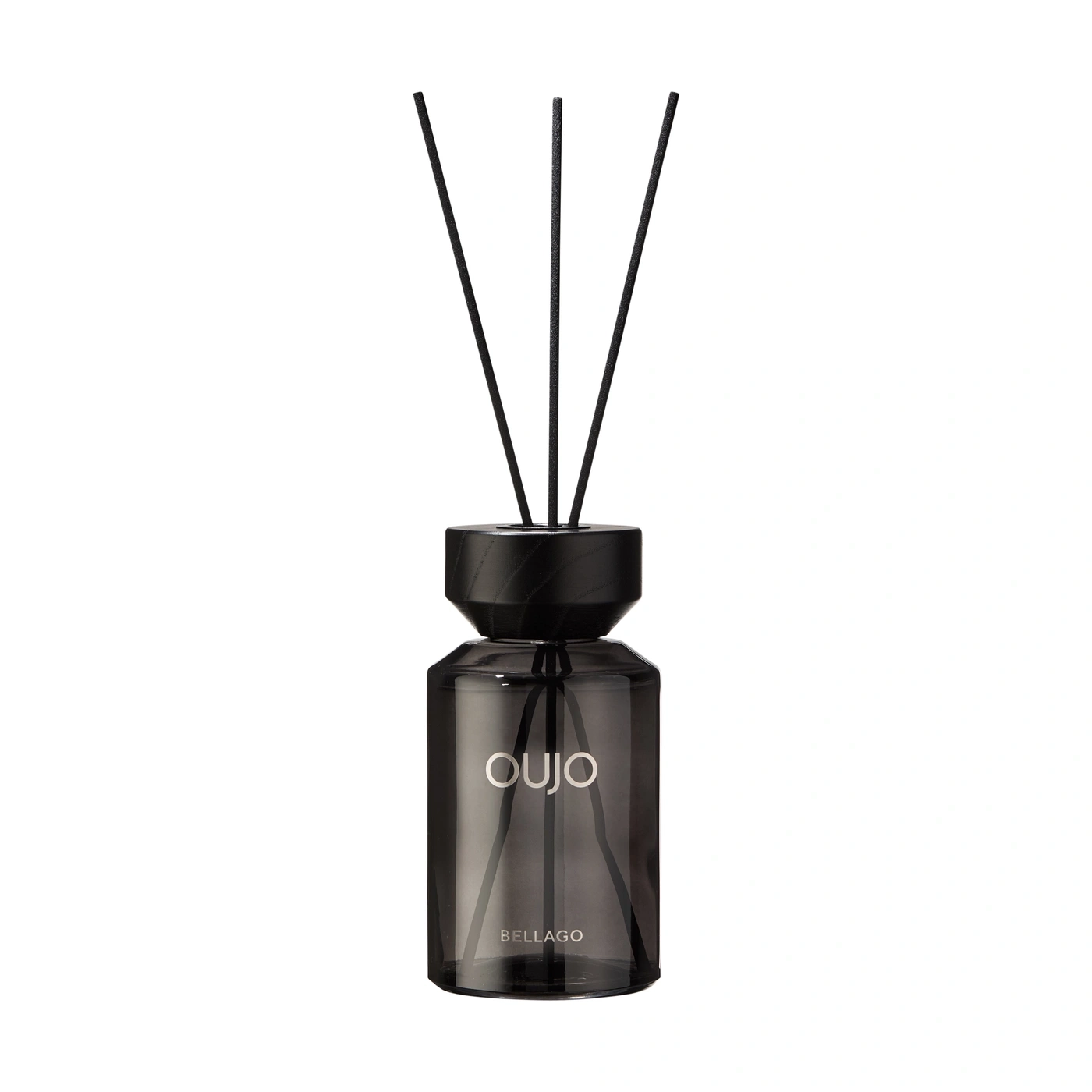 A black reed diffuser with three sticks and the text OUJO and BELLAGO.