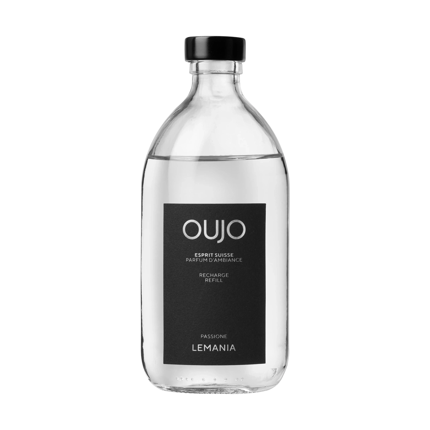 A clear glass bottle with a black label and black cap.