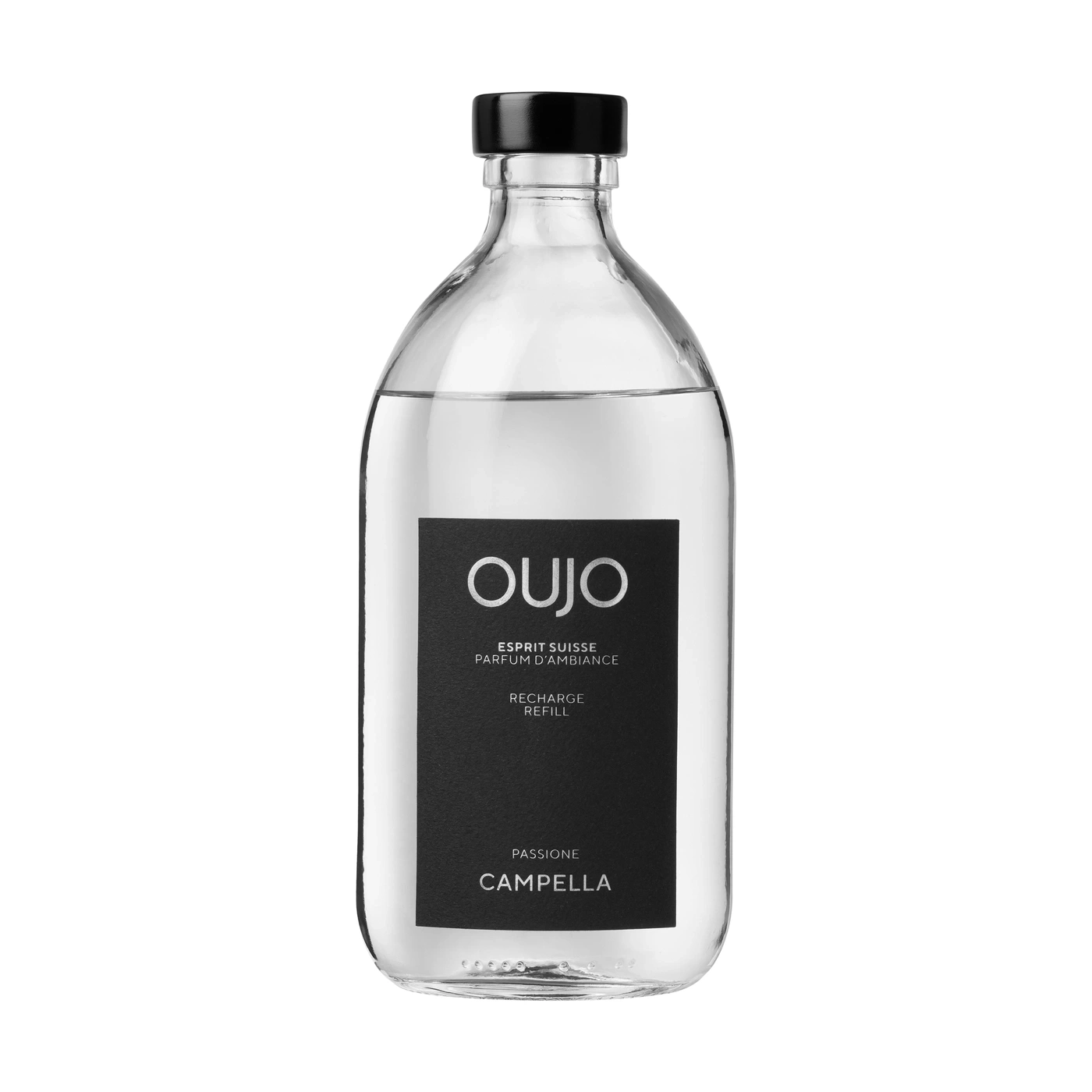 Glass bottle with black label, "OUJO" and "CAMPELIA" printed