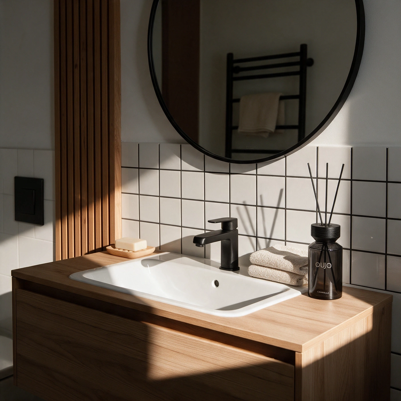 A modern bathroom vanity with wooden cabinet, soap, towels and diffuser.