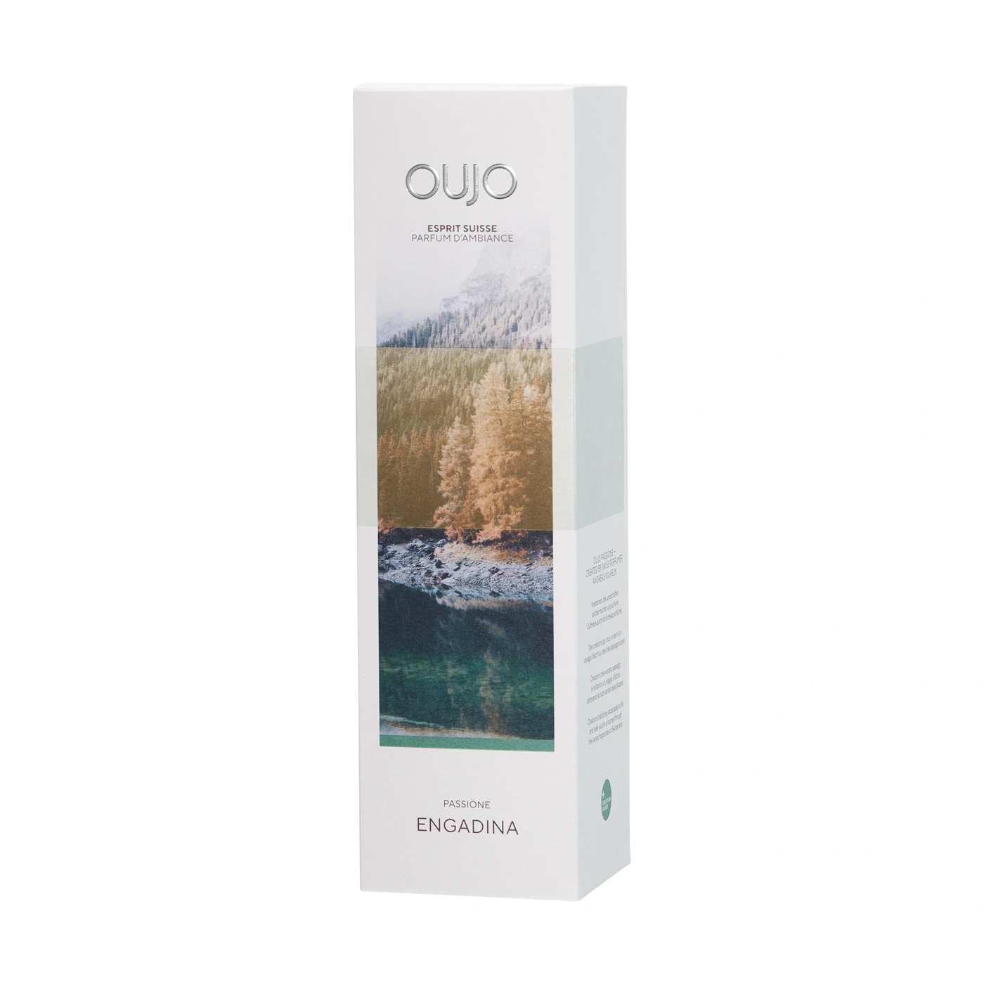 Packaging of a fragrance with mountain landscape and mountain lake reflection.