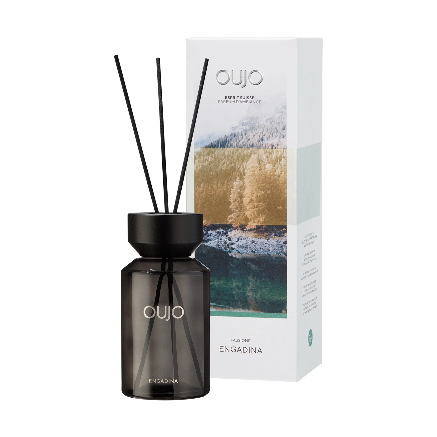 Duftstäbchen mit Berglandschaft-Verpackung und dem Namen Engadina auf Flasche.