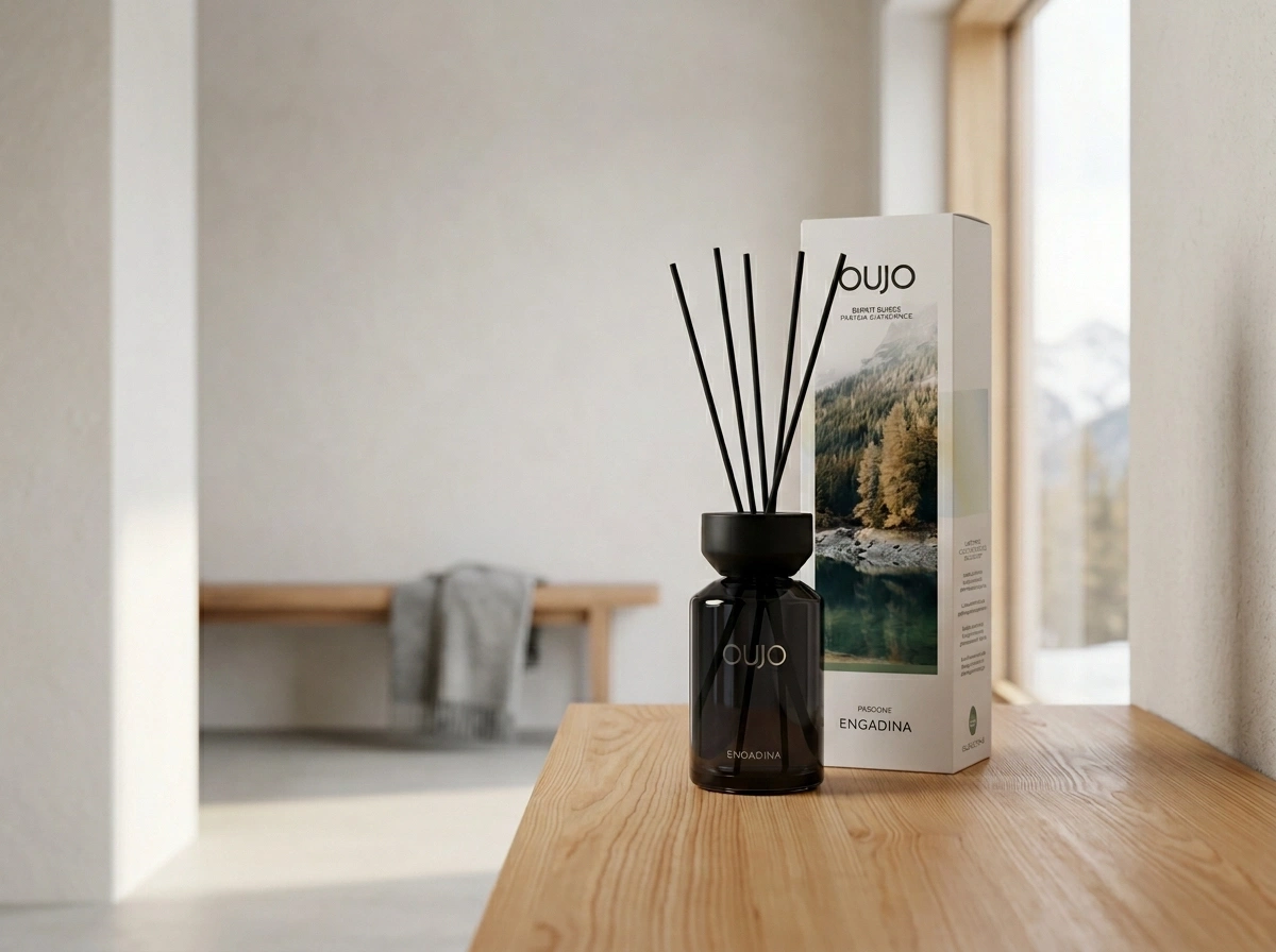 A reed diffuser and product box, styled in a modern aesthetic.