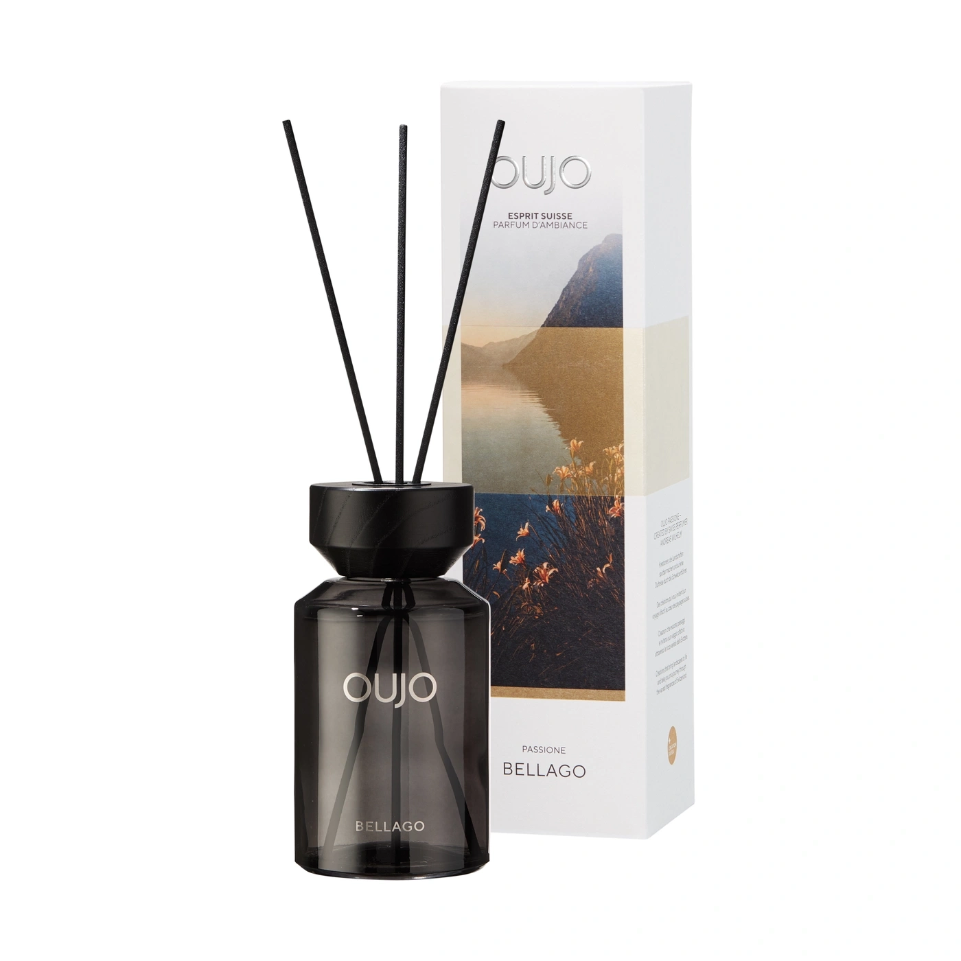 A Bellago fragrance diffuser with a box showing a mountain lake scene.