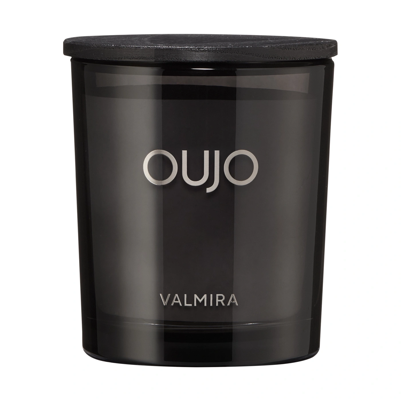 Black candle with silver 'OUJO' and 'VALMIRA' text and a wooden lid.