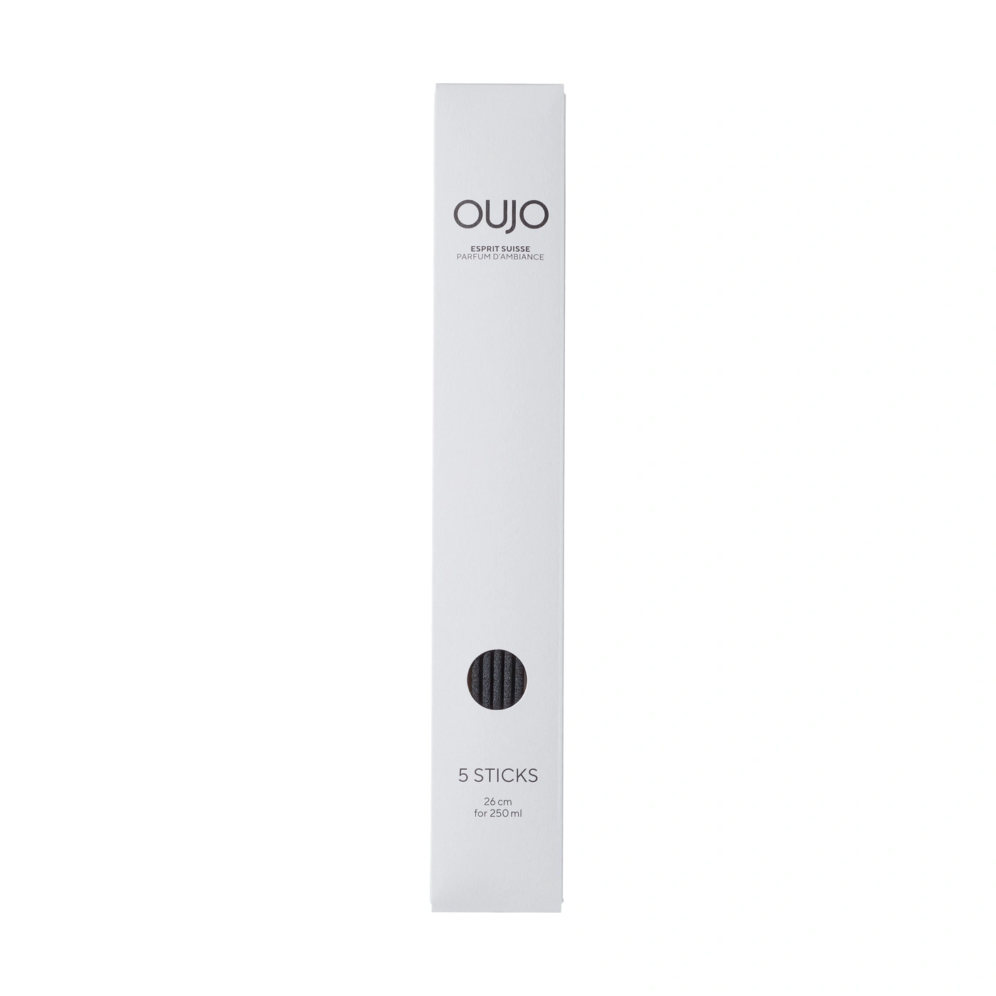 A white box for scented sticks with the text "oujo" and "ESPRIT SUISSE PARFUM D'AMBIANCE".