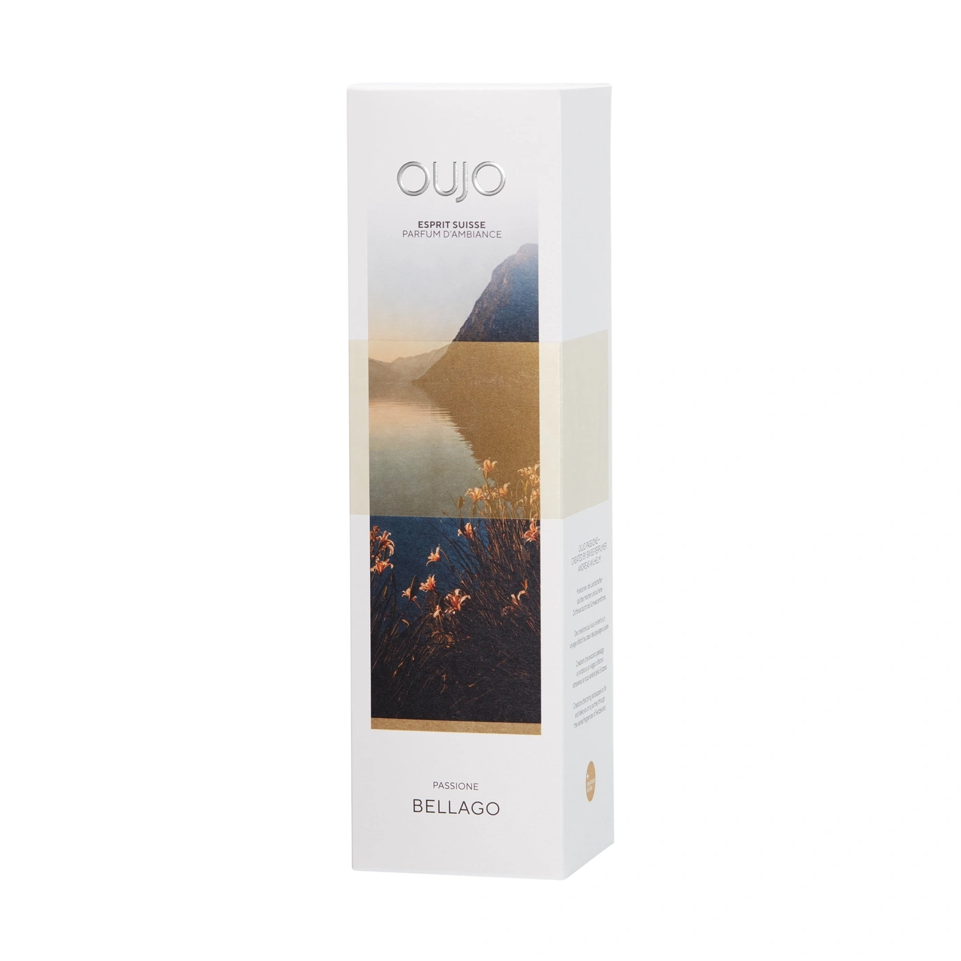 A white fragrance bottle packaging featuring a mountain, lake, and flowers.