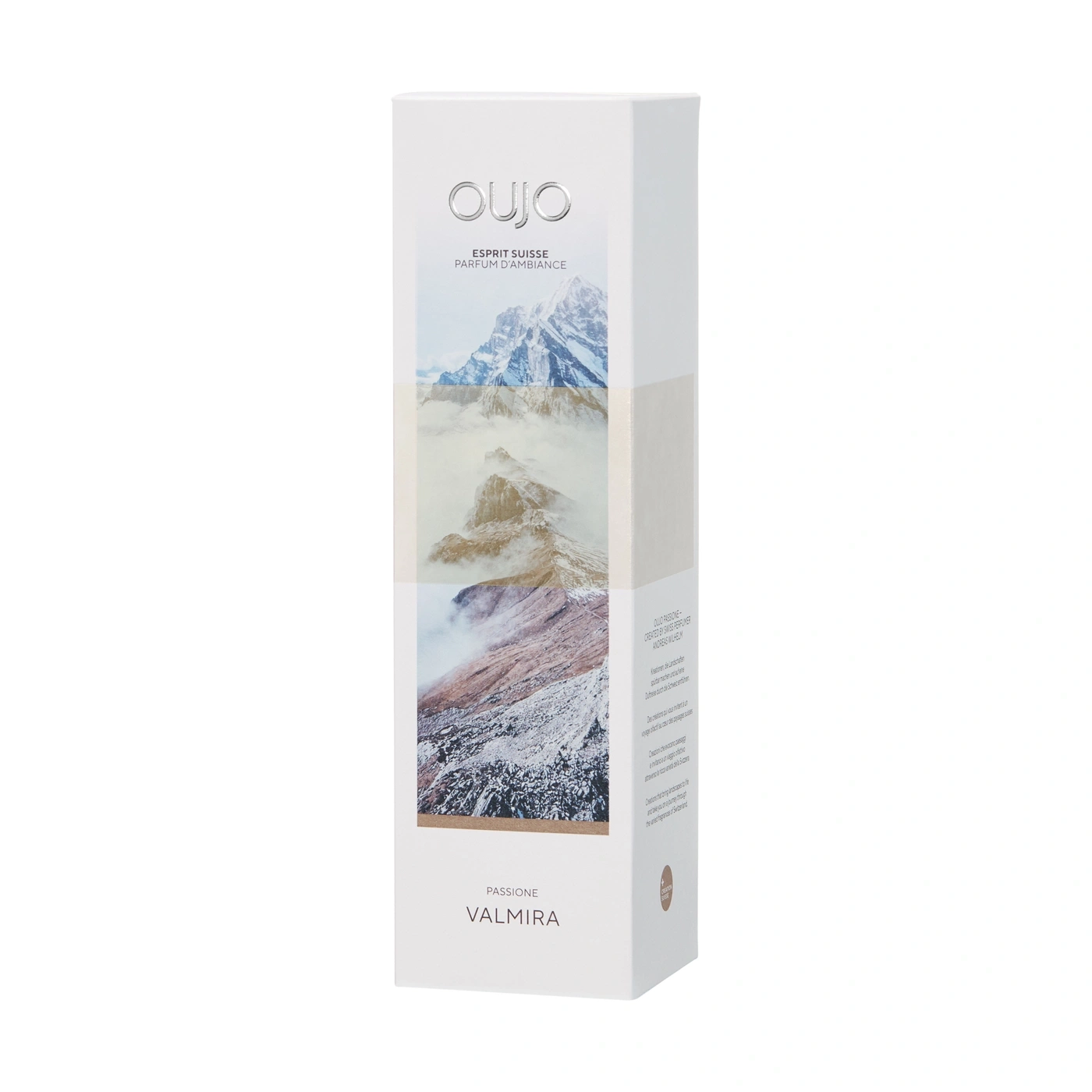 A white box with mountain imagery and text, OUJO VALMIRA PARFUM D'AMBIANCE