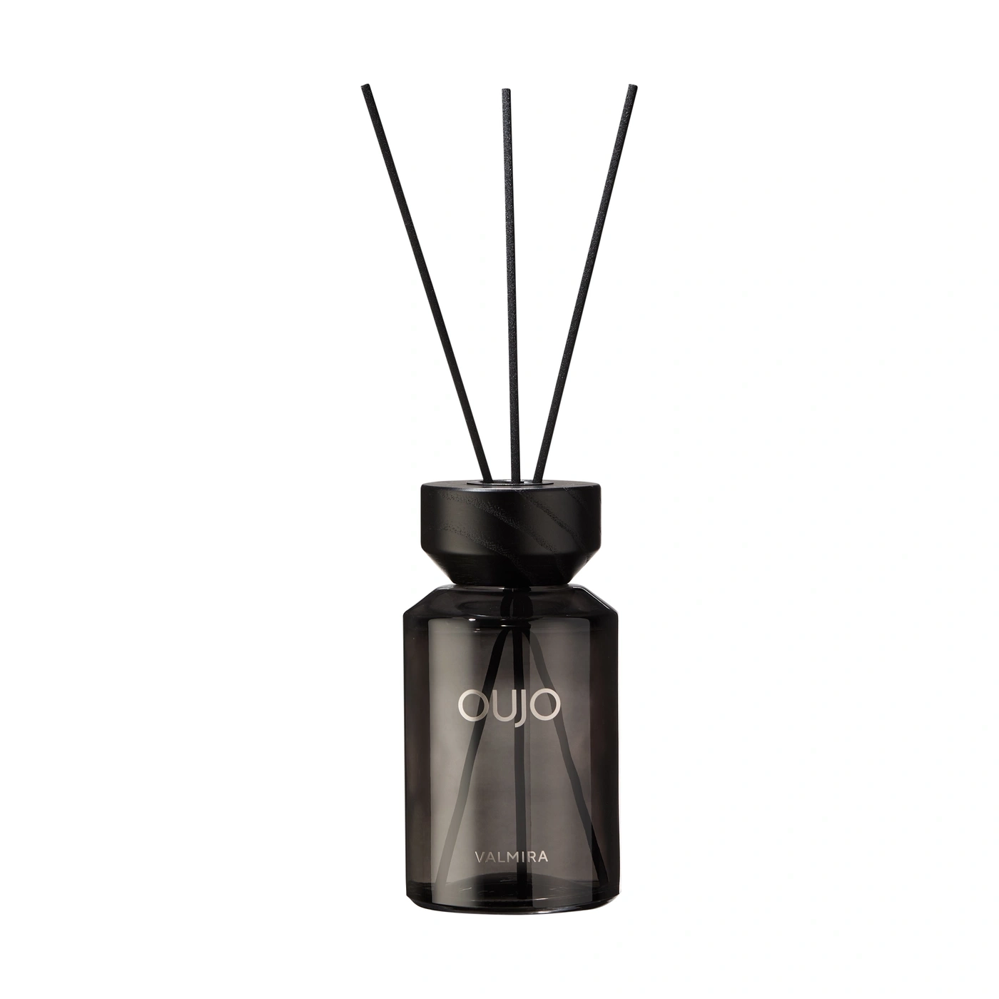 A black diffuser with three reeds and the text OUJO VALMIRA.