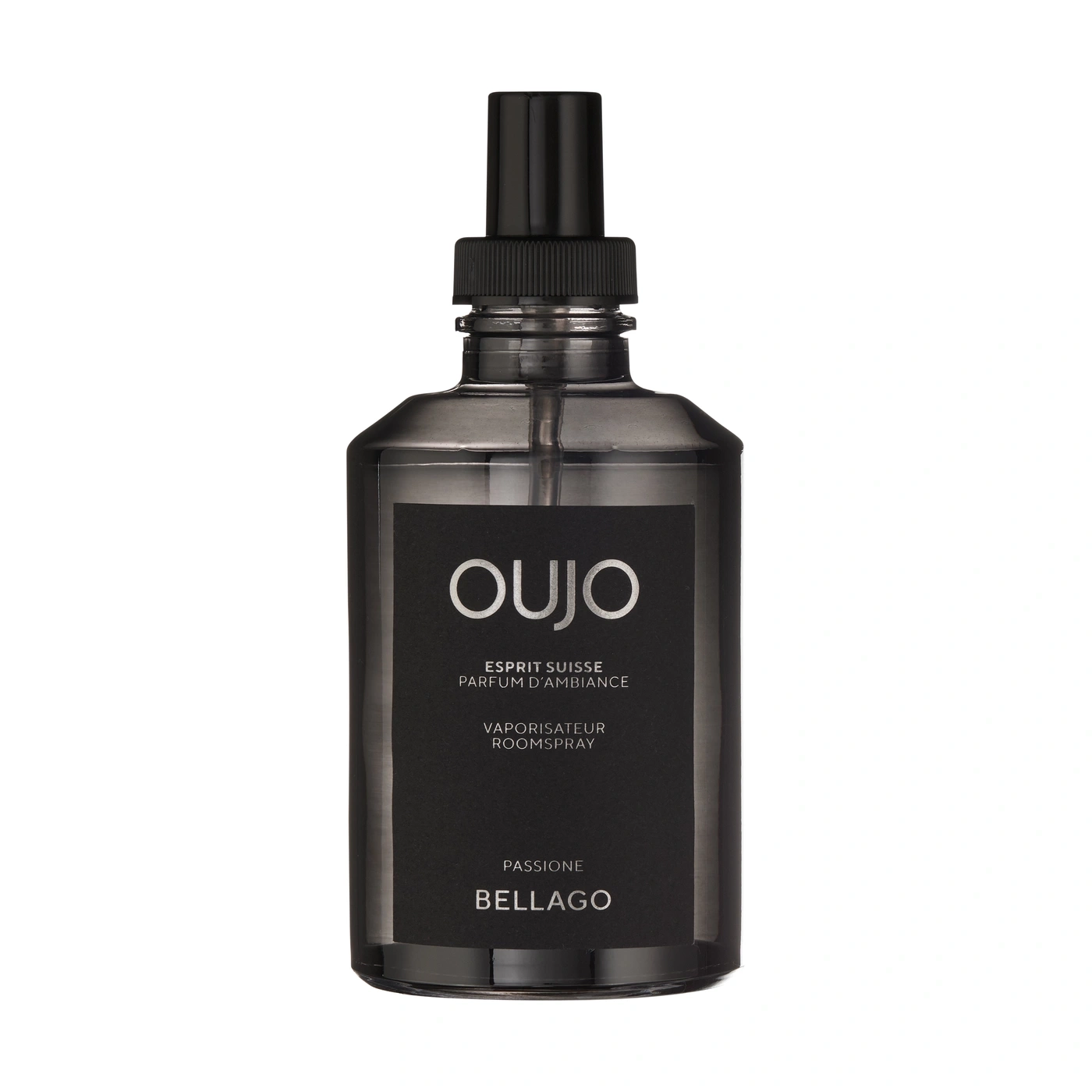 A dark bottle with a black spray top and silver lettering.