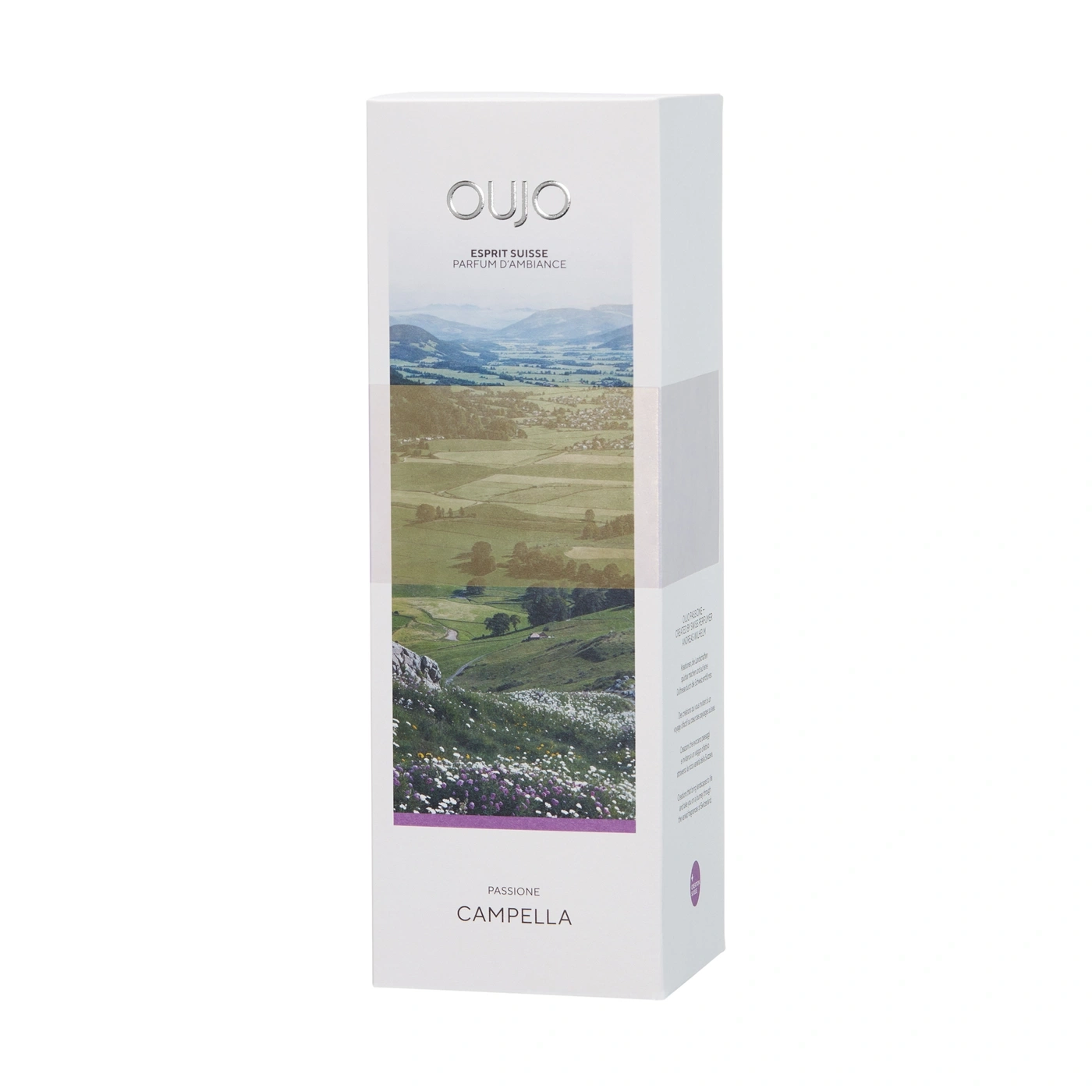 Weiße	Verpackung	mit	Landschaftsmotiv	und	duftenden	Notizen.