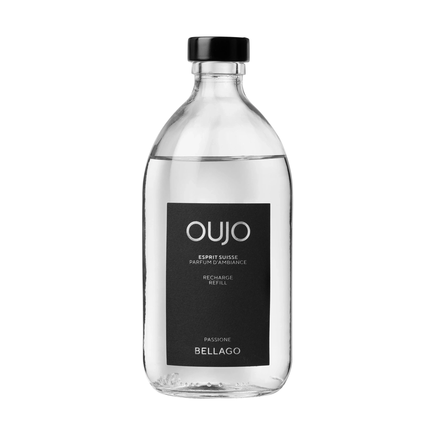 A glass bottle with a black label and contents