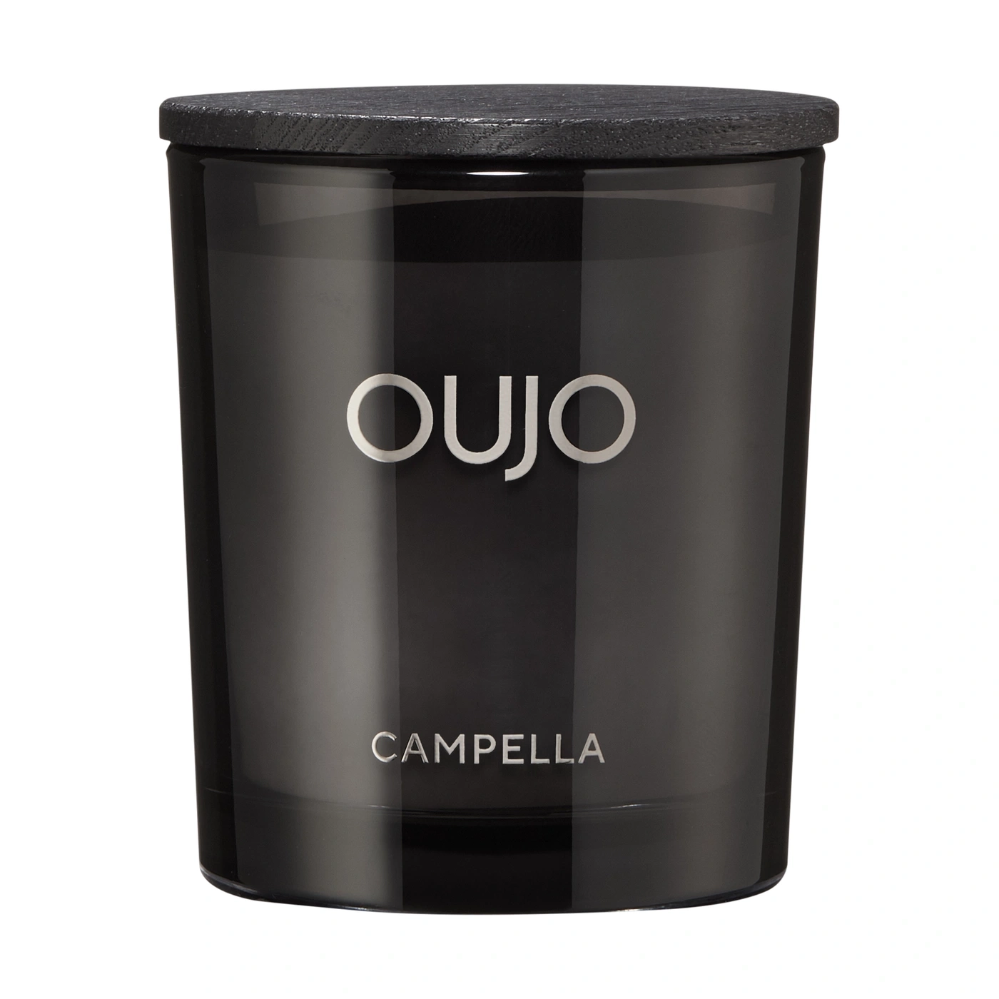Schwarze Kerze mit Holzdeckel und Schriftzug "OUJO" und "CAMPELLA"