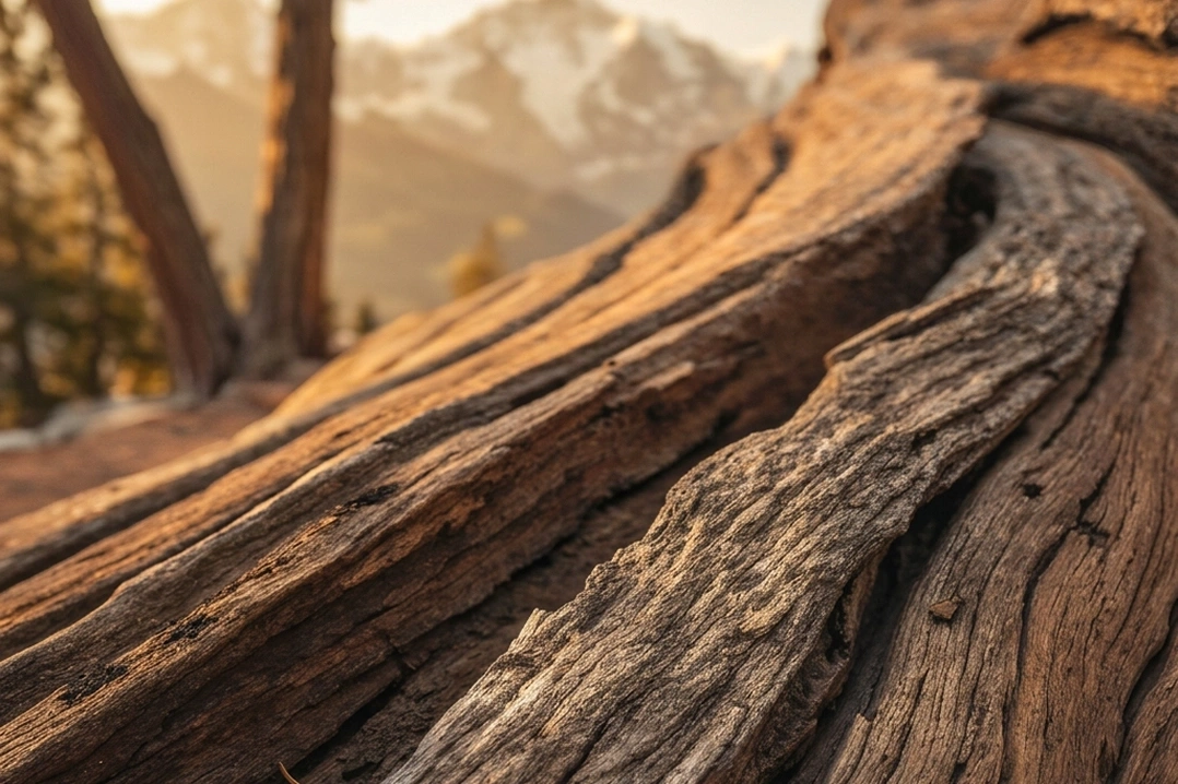Close-up of weathered tree roots in sunlight with mountains in the background.